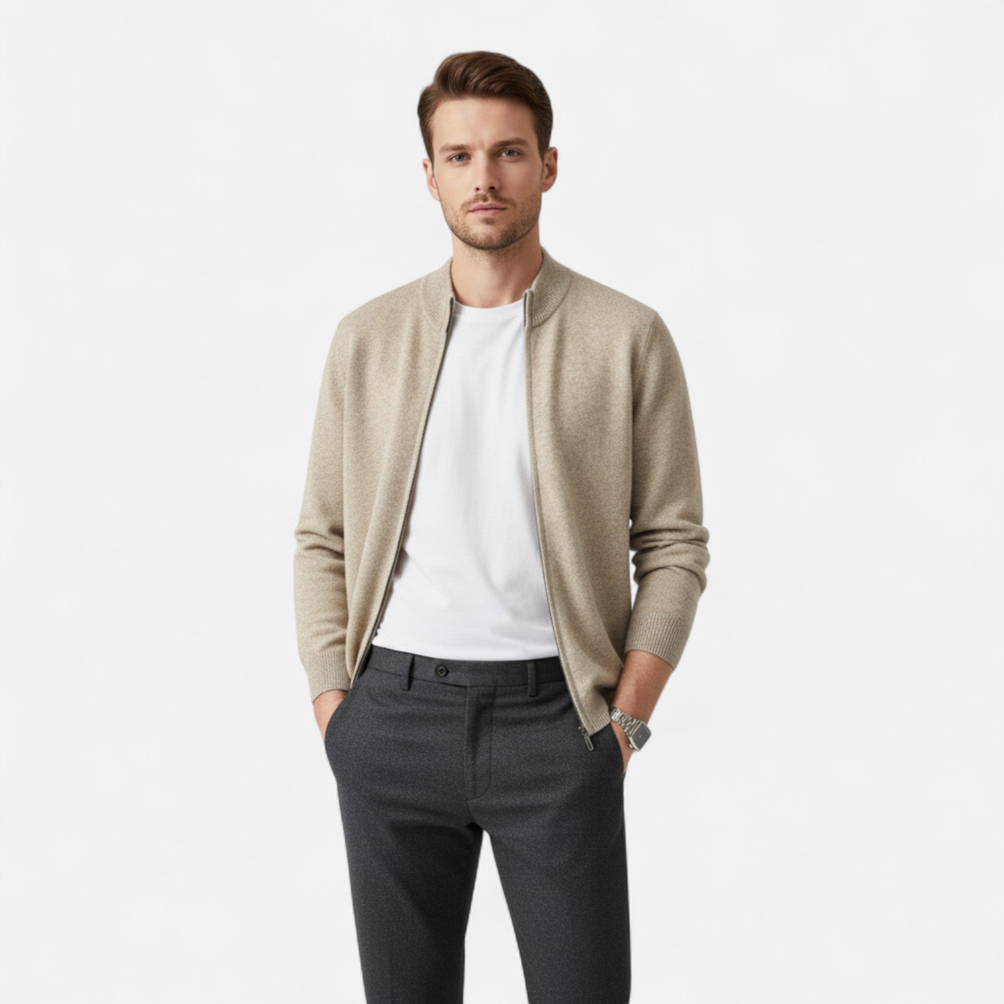 Vellardo Moda | Men's Merino Wool Cardigan – Zipper and Mock Collar