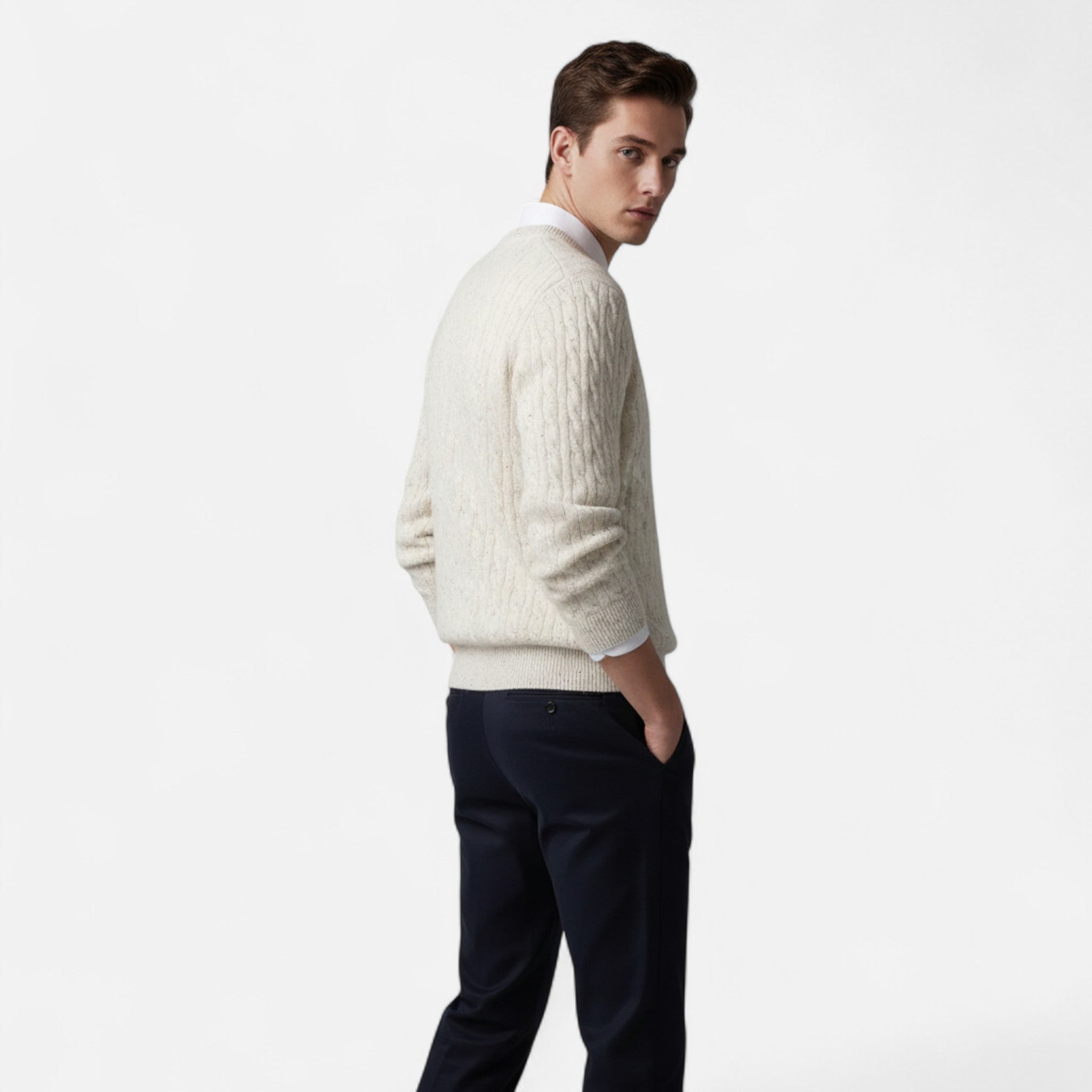 Vellardo Moda | Men's Sweater with Round Neck in Cable Knit